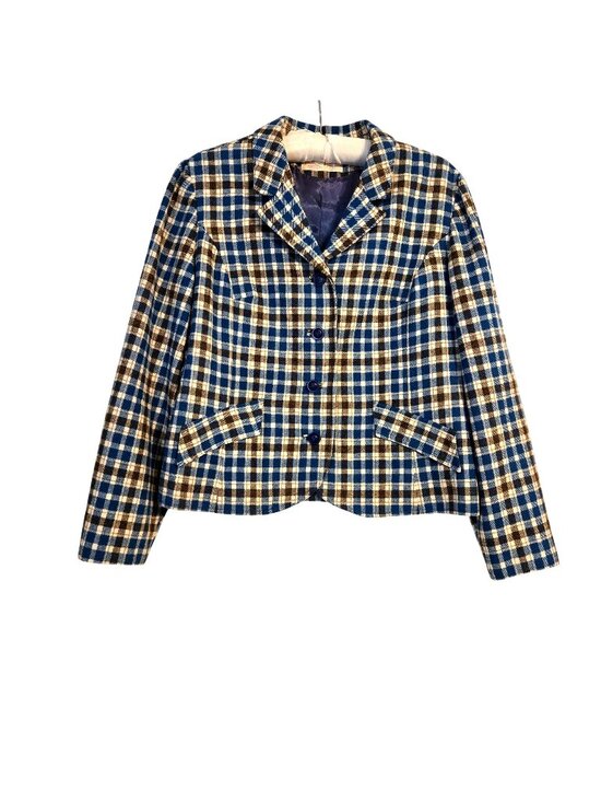 Pendleton Jackets & Blazers - Vintage Pendleton Womens Cropped Blue Brown Plaid Blazer 100% Virgin Wool Sz. 14